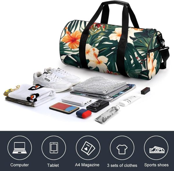 Travel Gym Duffle Bag, Tropical Summer Hawaiian Flower Palm Leaves Print Duffle Bags,womens Mens Gym Bag,gym Bags,gym Bag with Shoe Compartment, 17.7in/9in/9in - Image 6